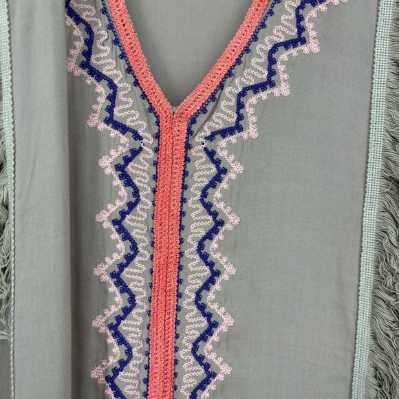 Spool No. 72 Kaftan Boho Beach Embroidered Fringe V Neck Open Sides Taupe OS - Picture 9 of 10